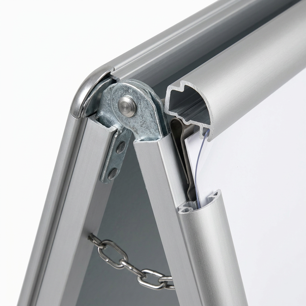 Detail close-up of A-frame sign showing open aluminum snap frame corner and hinge mechanism on white background