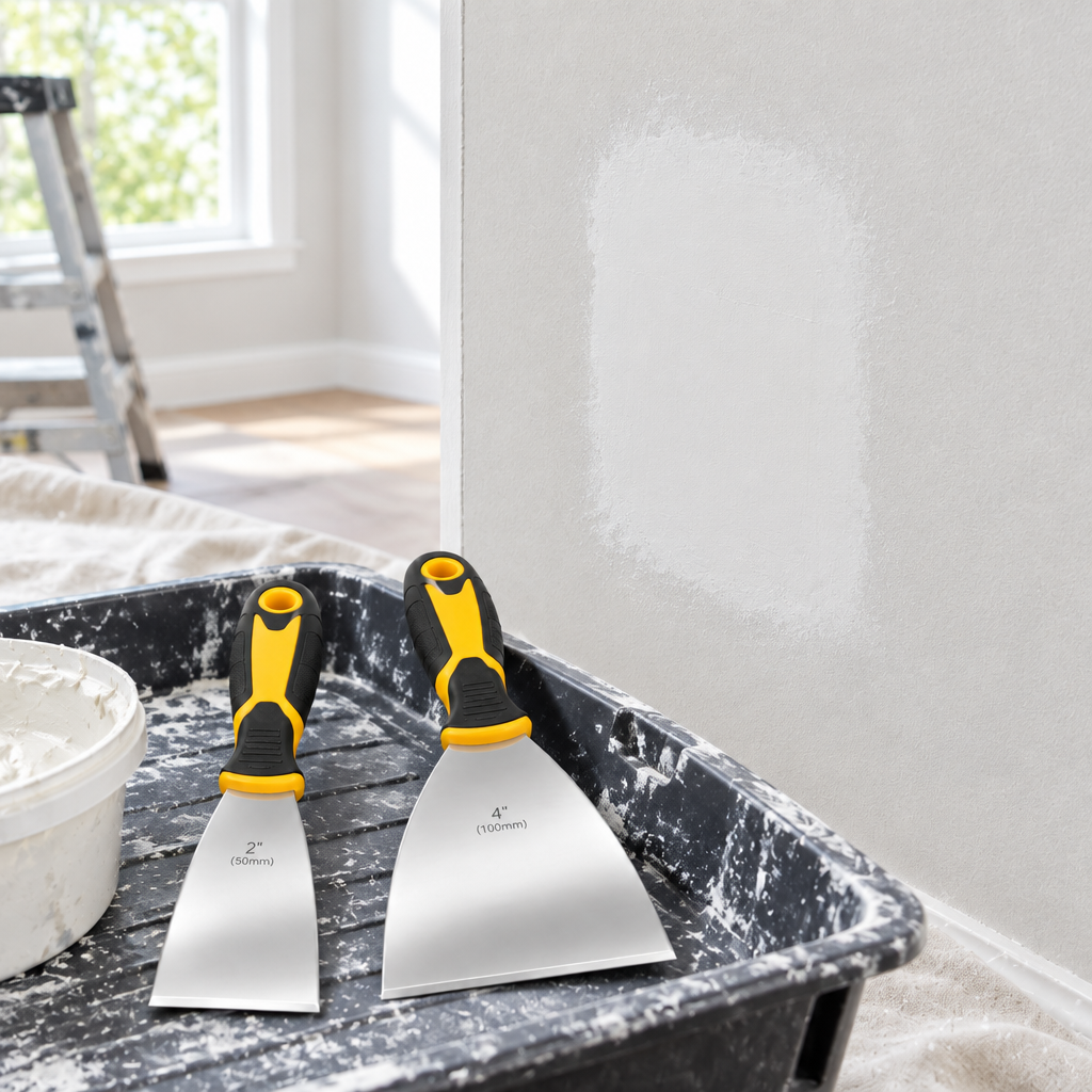 Putty knife set displayed beside smoothly filled wall patch in indoor drywall renovation scene