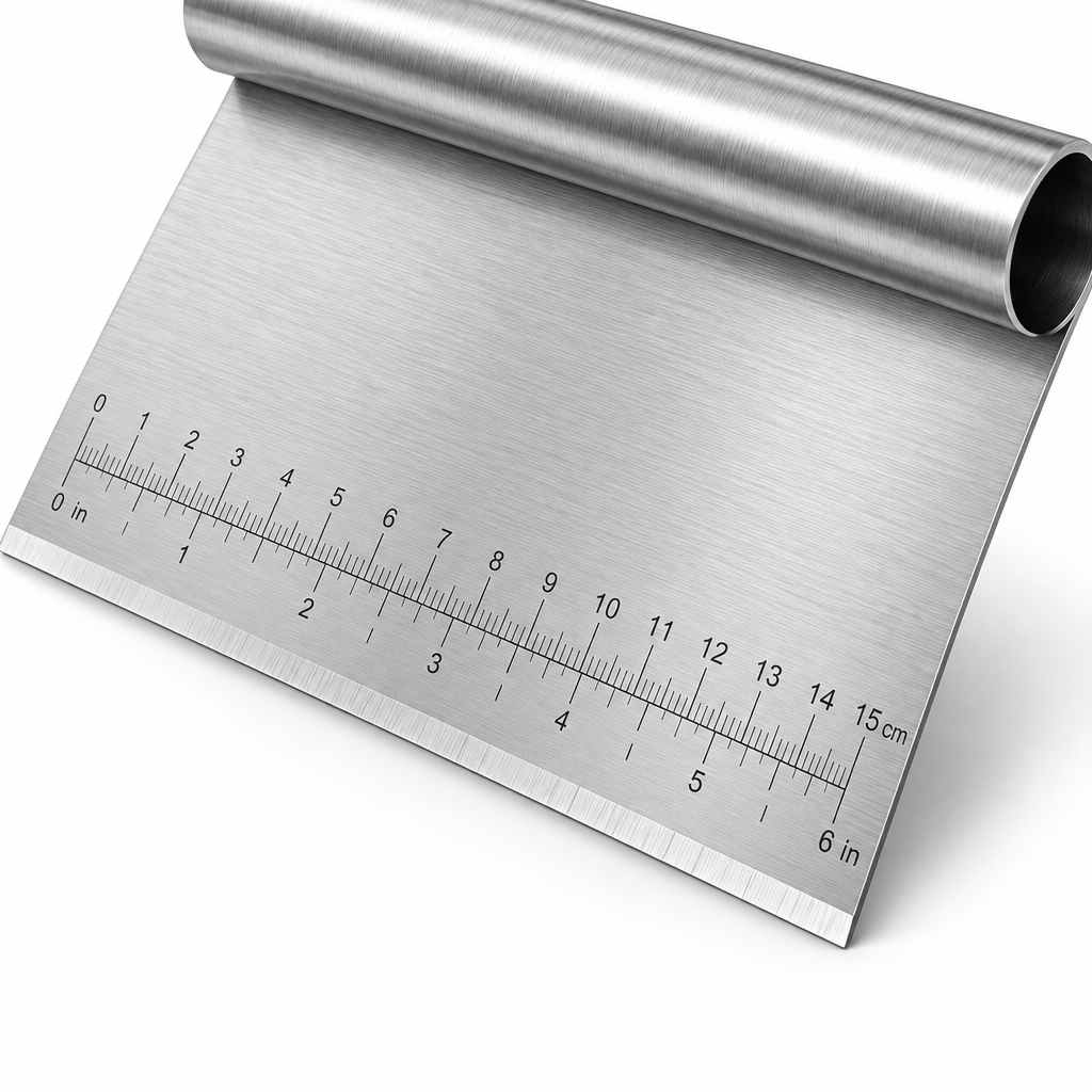 Close-up macro detail of straight blade scraping edge and laser measurement markings of stainless steel scraper