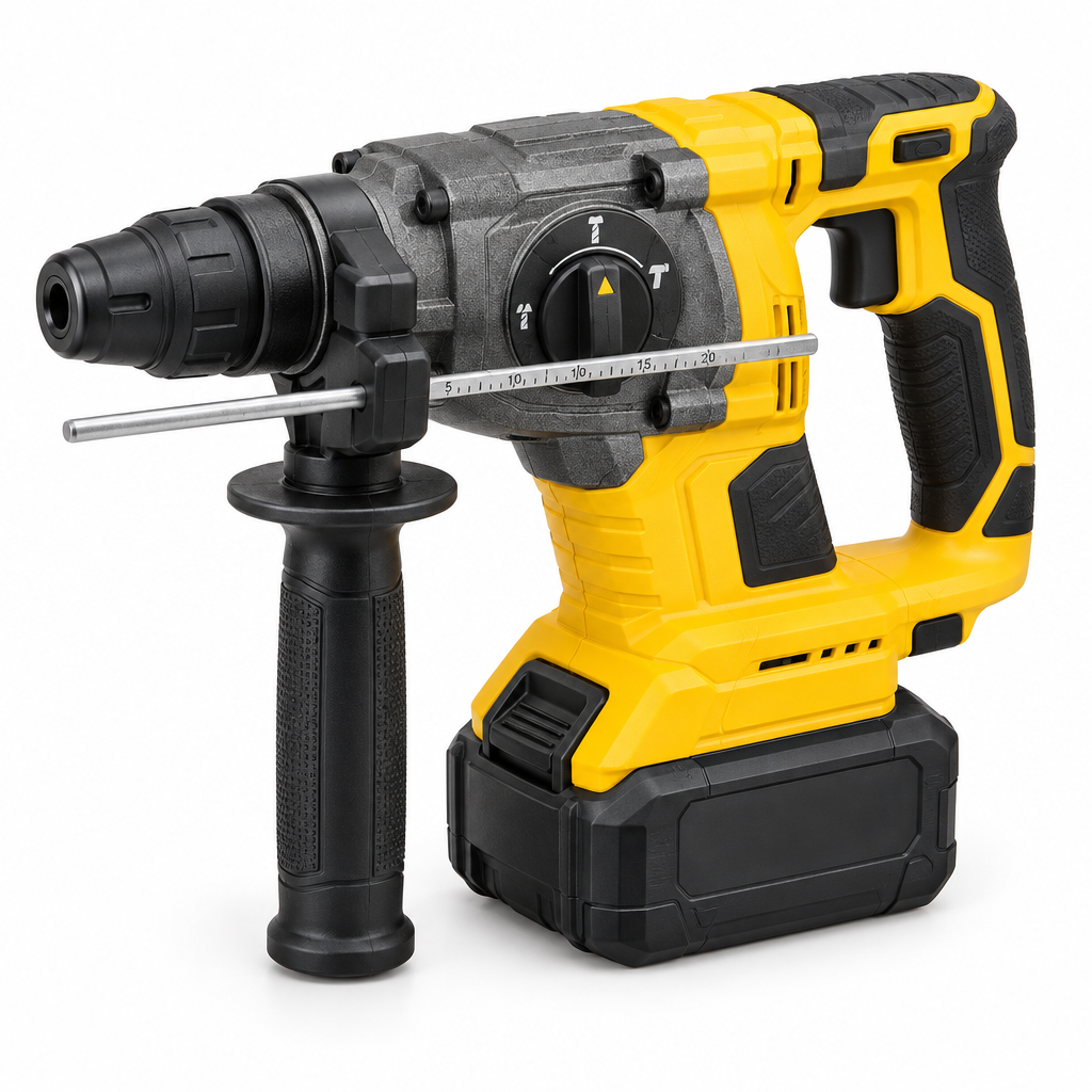 20V heavy-duty cordless SDS-Plus rotary hammer drill with auxiliary side handle, depth stop rod, and lithium-ion battery on a seamless pure white background
