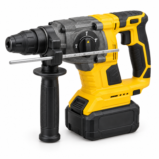 20V heavy-duty cordless SDS-Plus rotary hammer drill with auxiliary side handle, depth stop rod, and lithium-ion battery on a seamless pure white background