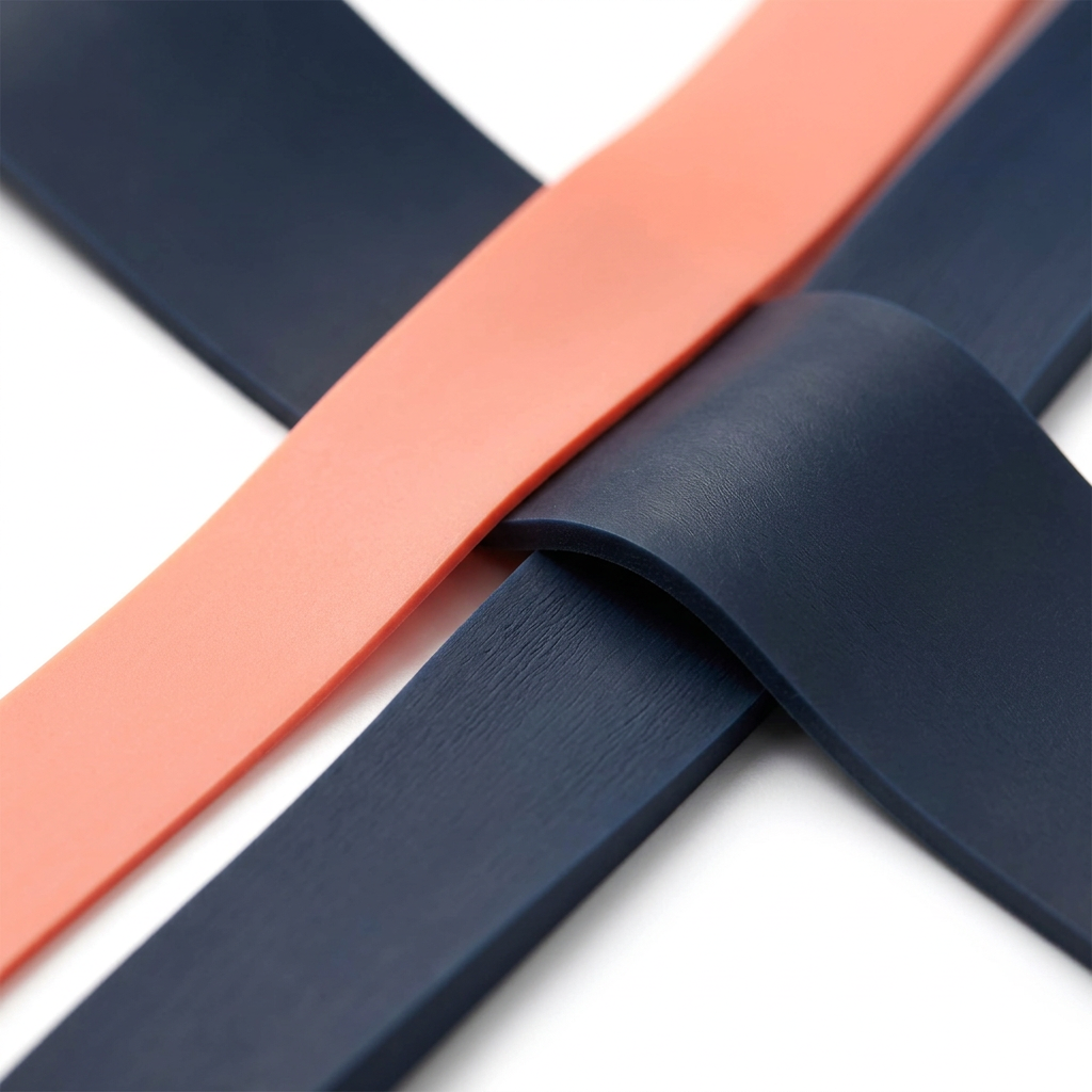 Detail close-up of natural latex resistance loop band cross-section and seamless edges on white background