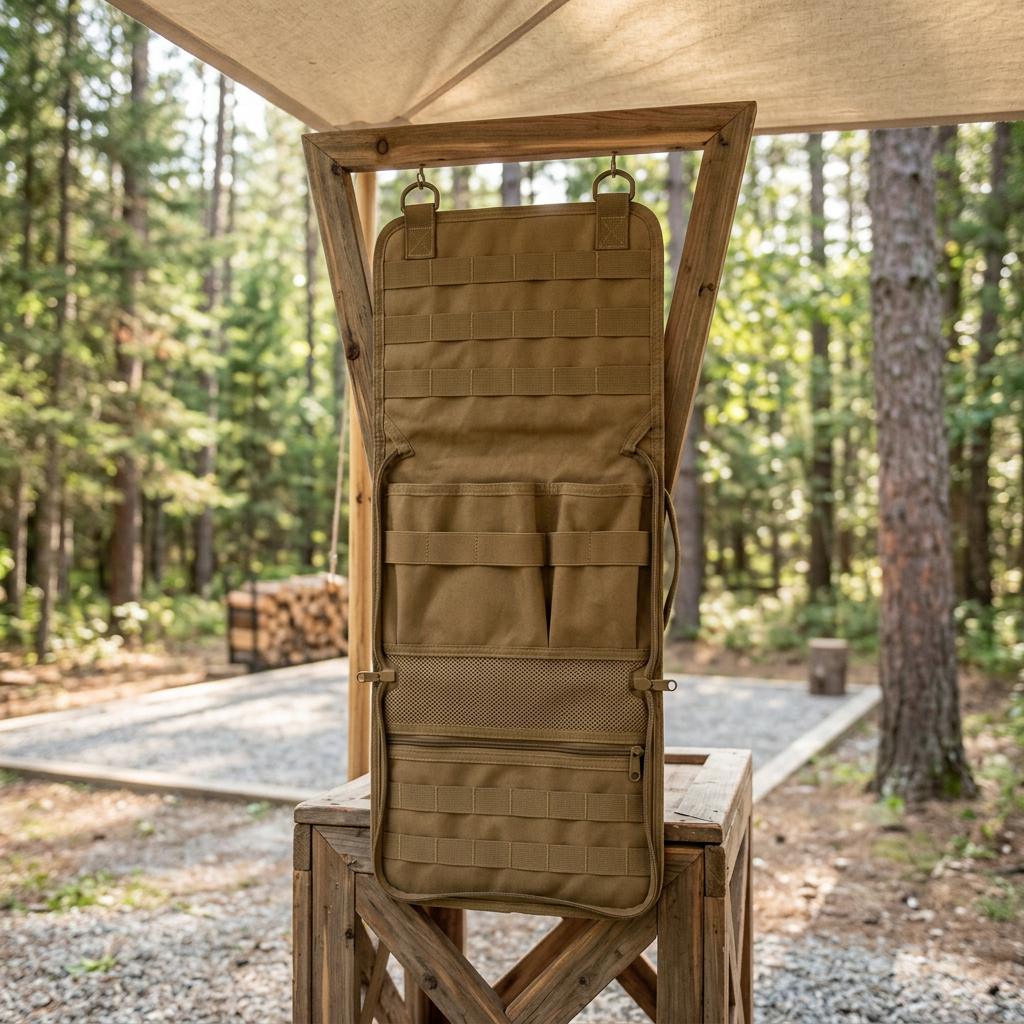 Camping gear organizer hung open from wooden table frame under campsite awning ready for accessories storage