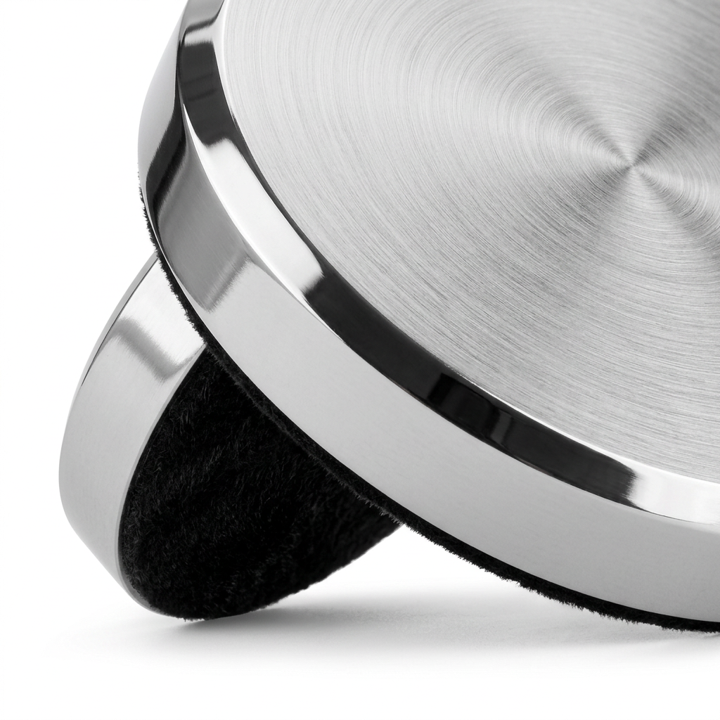 Detail close-up of metal paperweight showing 45-degree polished chamfered bevel and velvet base lining on white background