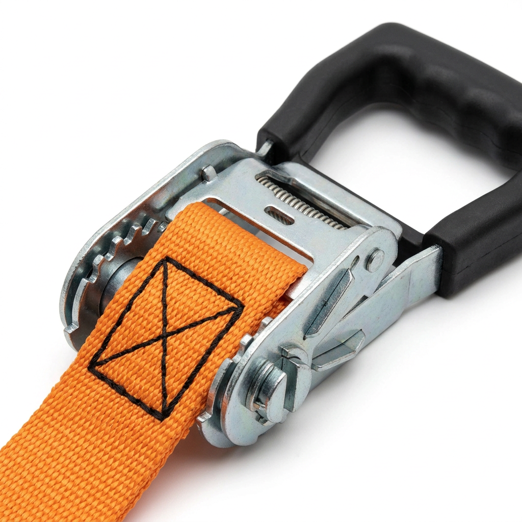 Macro close-up detail of galvanized steel ratchet buckle mechanism and reinforced box-X cross-stitching on orange webbing on pure white background