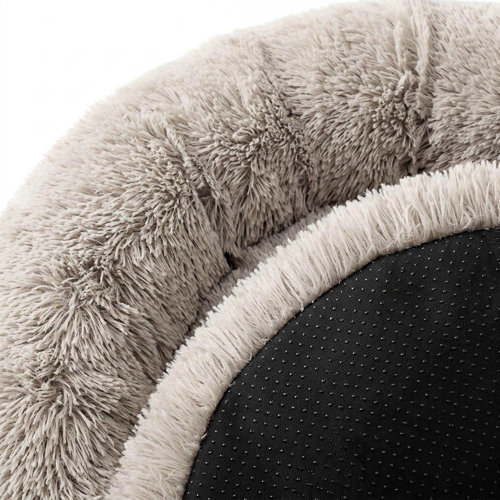 Close-up detail of fluffy long-pile shag plush fibers, deep perimeter seam, and non-slip dotted bottom backing