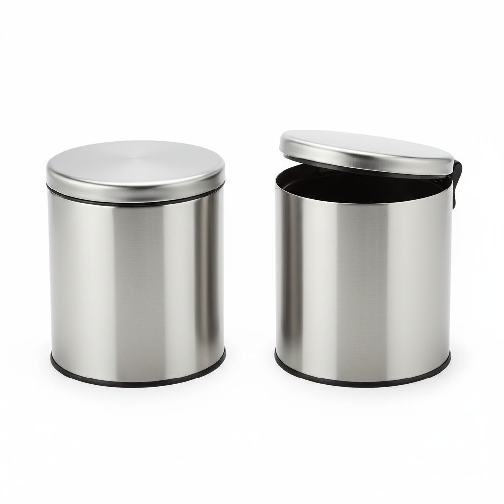 Round brushed stainless steel hotel bathroom waste bin with soft-close swing lid shown closed and slightly open on white background, compact guest bathroom hardware with brushed metal finish