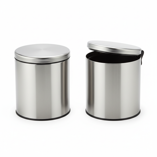 Round brushed stainless steel hotel bathroom waste bin with soft-close swing lid shown closed and slightly open on white background, compact guest bathroom hardware with brushed metal finish