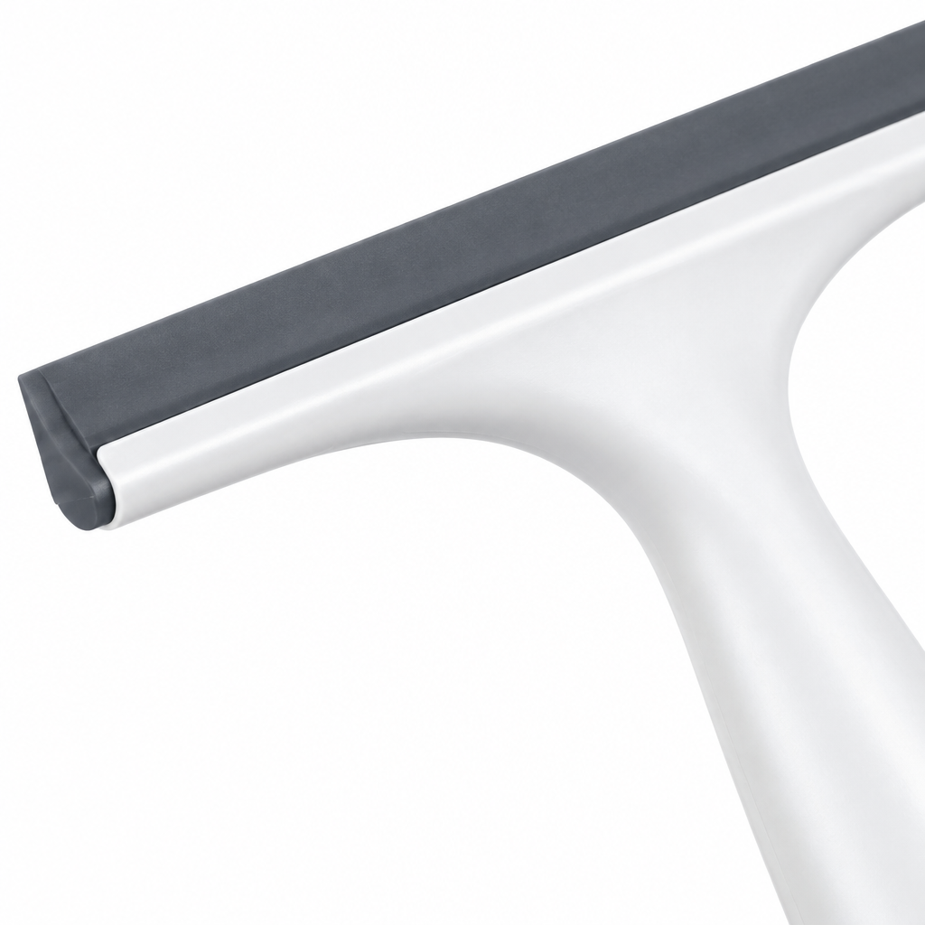 Close-up of the glass cleaning squeegee flexible silicone wiper blade and molded handle