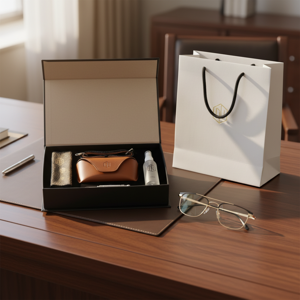 Eyewear accessories gift set open on executive walnut desk beside shopping bag