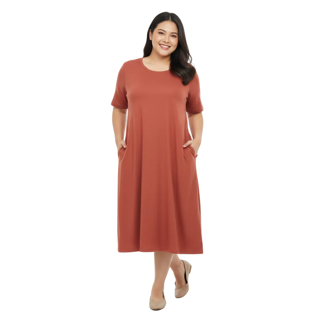 Front view of round neck casual midi dress with side pockets on white background