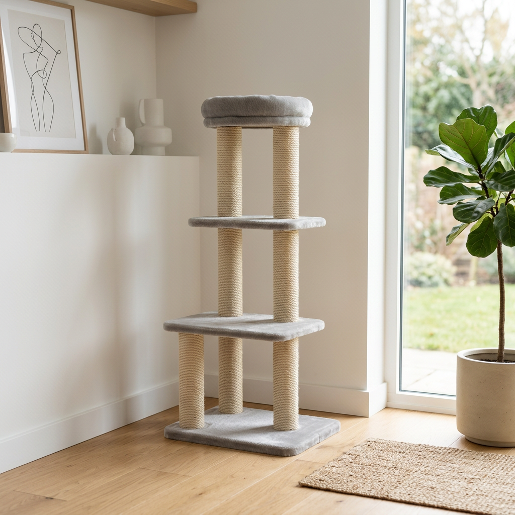 Multi-level cat tree standing on wooden floor in sunlit living room corner near potted plant