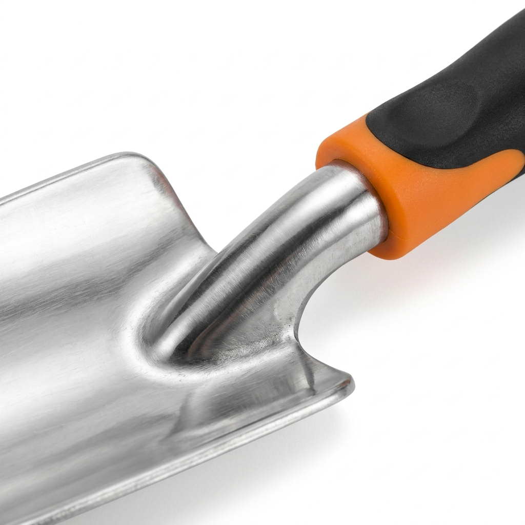 Macro close-up detail of garden hand trowel polished cast aluminum curved neck joint, orange collar, and ergonomic rubber handle grip