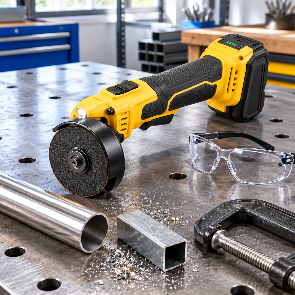 Cordless 3-inch cut-off tool resting on a steel welding workbench beside cut stainless steel tube sections, C-clamp, and safety glasses