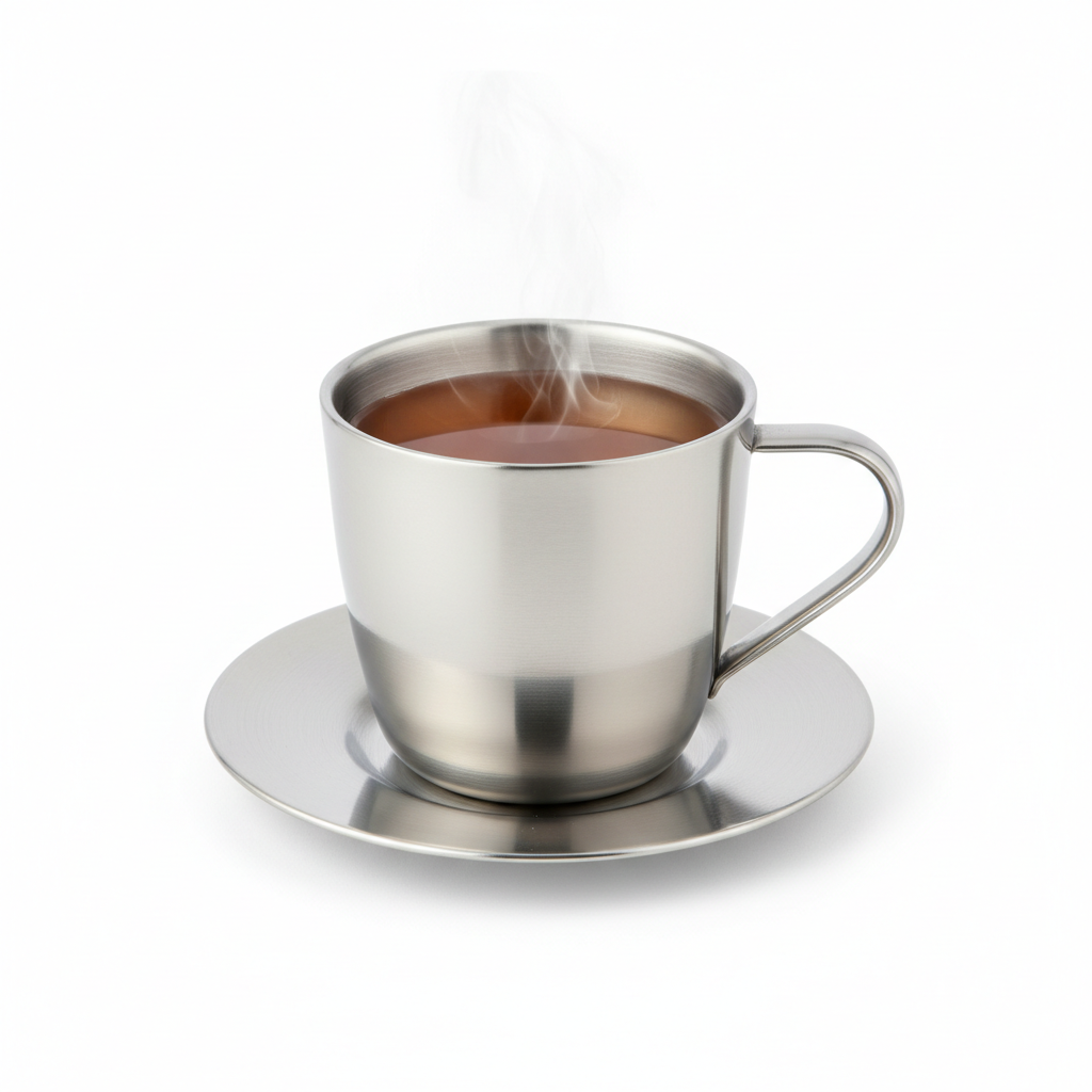 Double-wall stainless steel tea cup on matching saucer with hot tea on pure white background