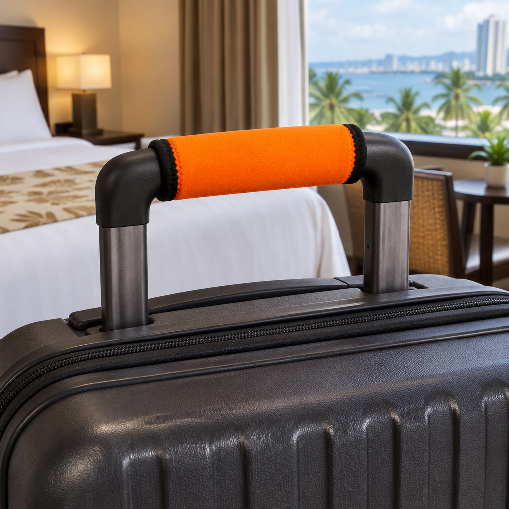 Neon orange luggage handle wrap attached to a suitcase handle in a hotel room in the Philippines