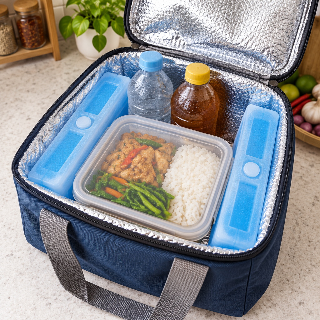 Reusable ice packs placed inside an insulated lunch bag in an Indonesian household setting with food and drinks