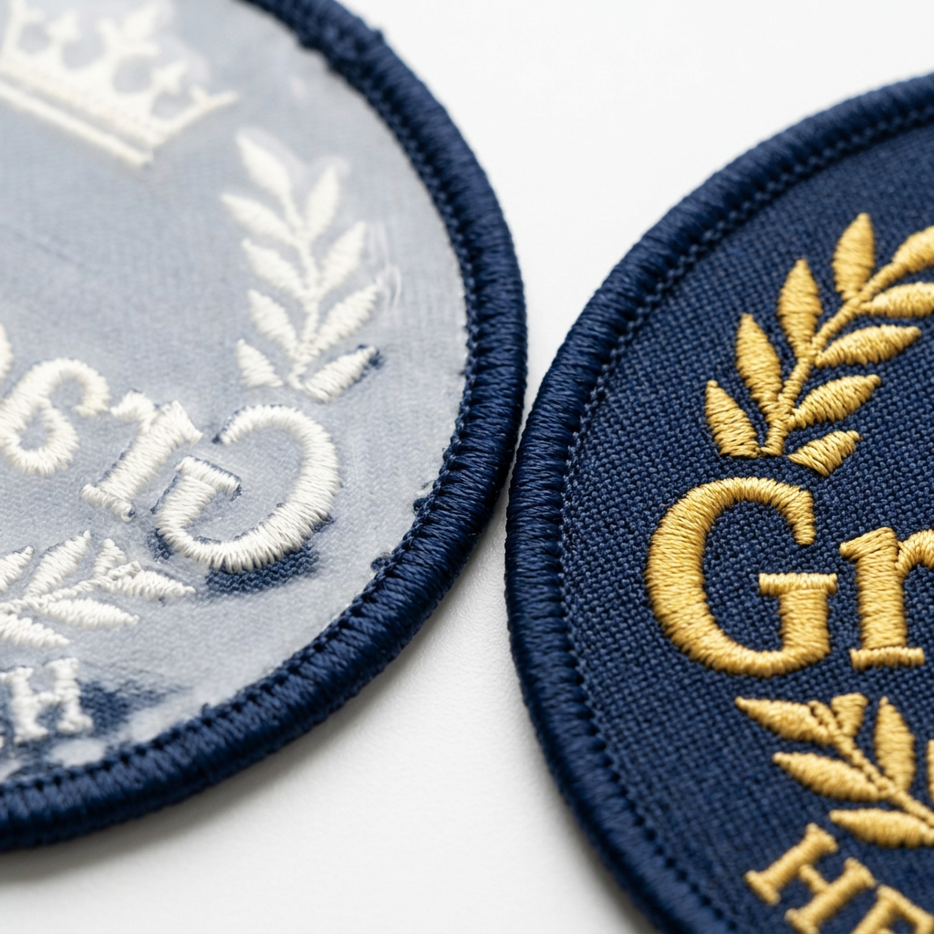 Detail close-up of embroidered patch showing thick merrowed border and iron-on backing on white background