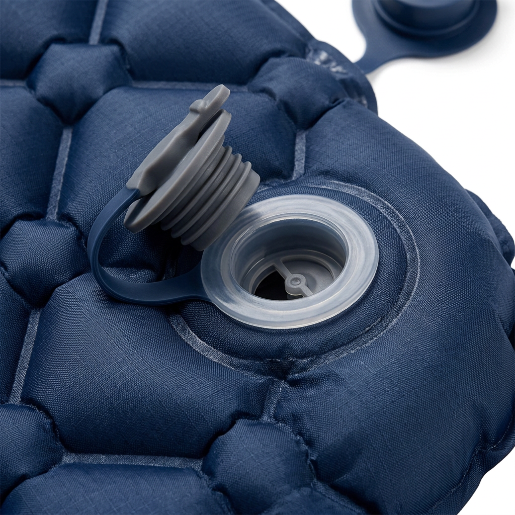 Detail close-up of inflatable sleeping pad showing dual-layer rapid air valve, honeycomb air cell baffles, and heat-sealed edges on white background
