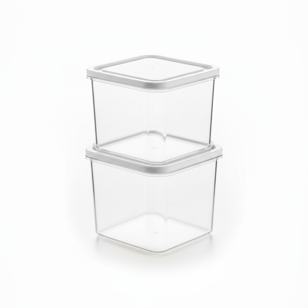 Two identical clear storage containers stacked vertically on pure white background