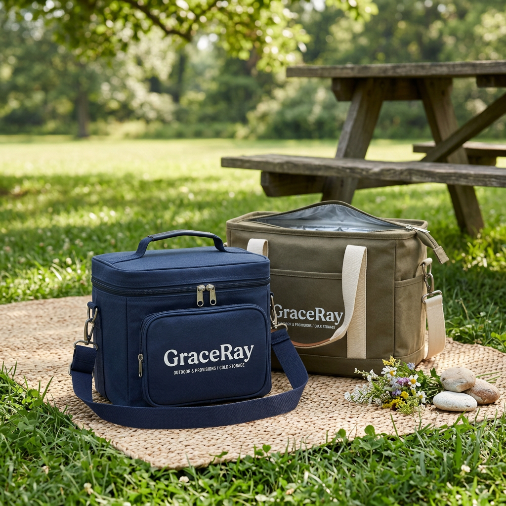 Custom branded cooler bags resting on a picnic mat in an outdoor park setting