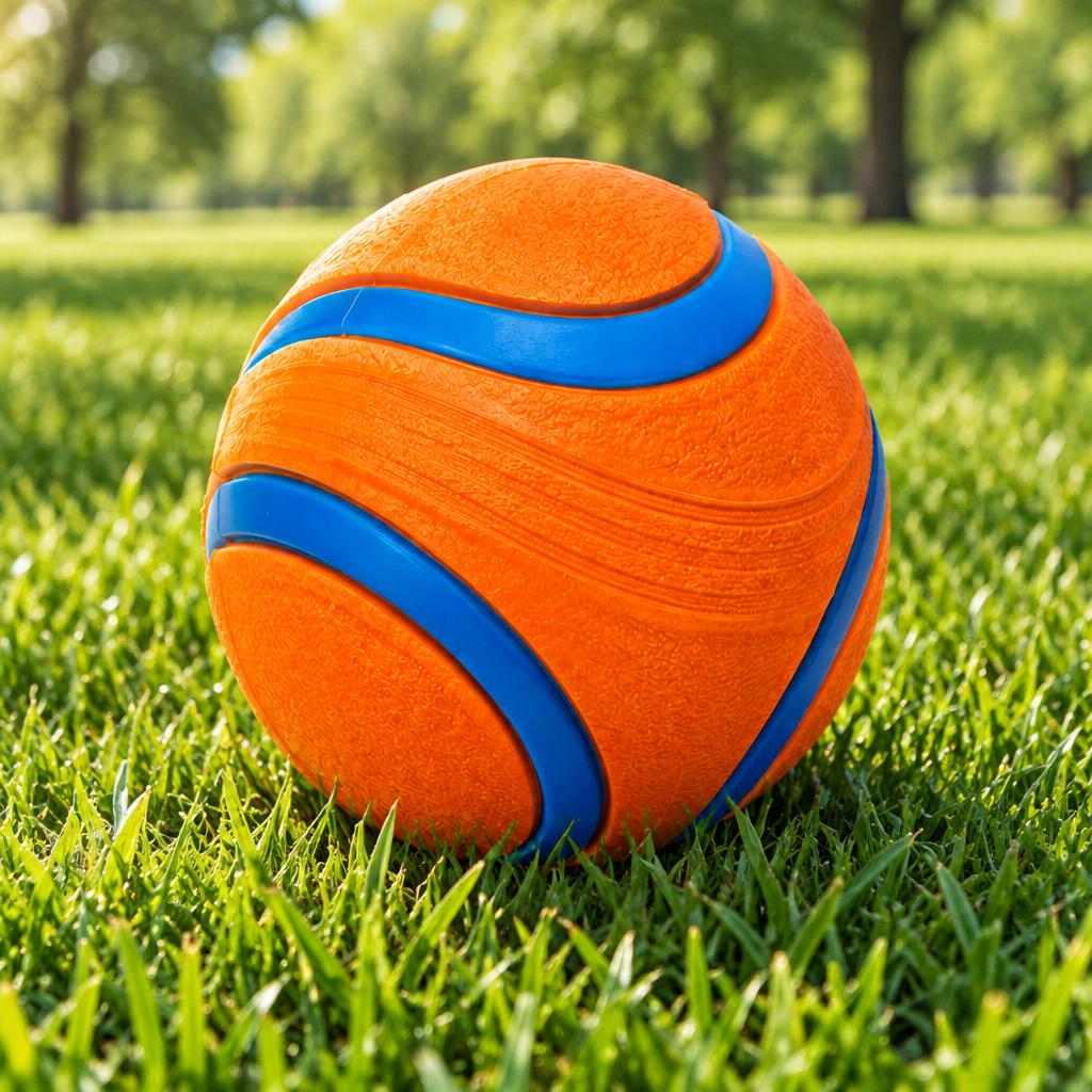 Rubber fetch ball resting on green park lawn in sunny outdoor fetch training setting