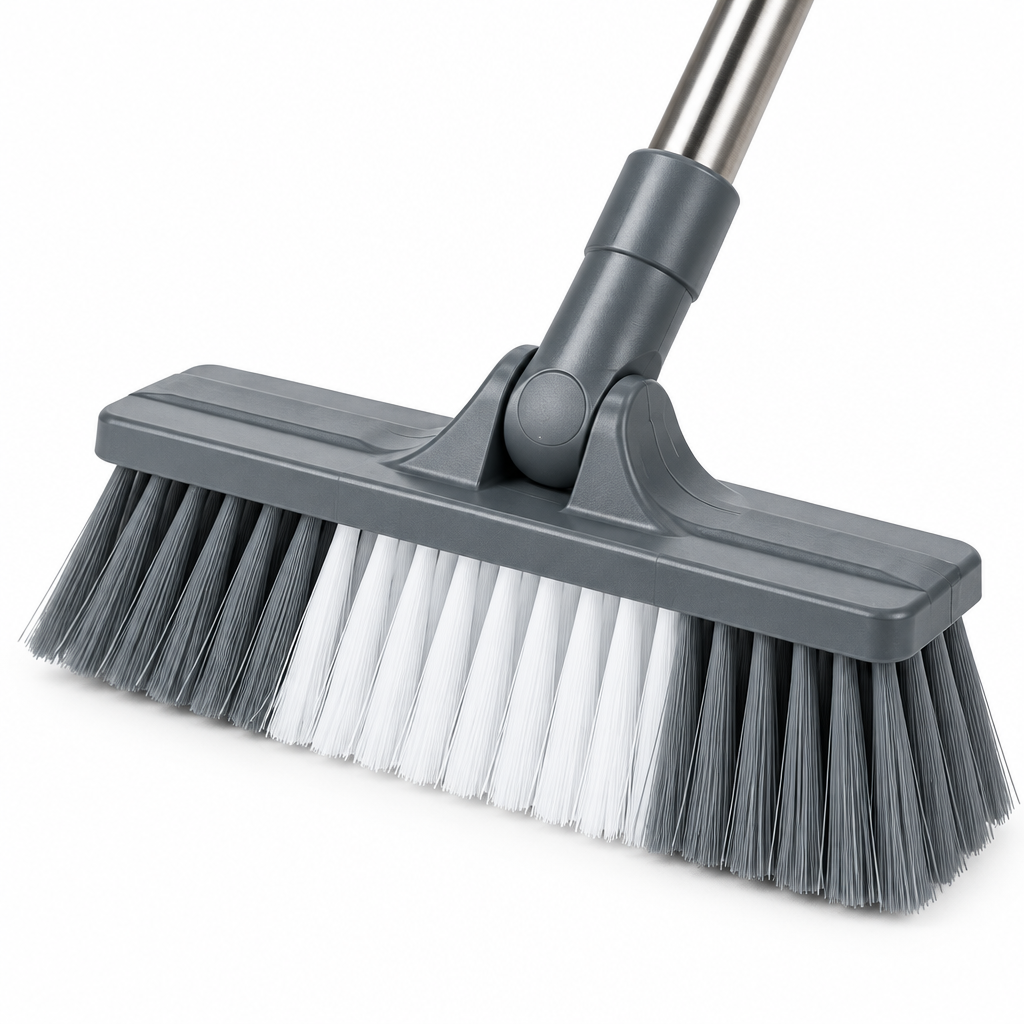 Close-up of the long handle scrub brush head, dense stiff bristles, and pivoting connector joint