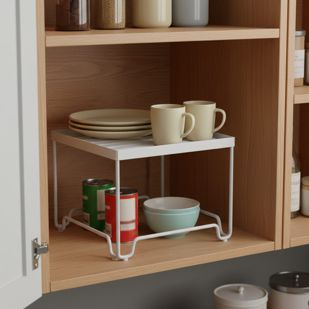 Individual stackable kitchen shelf rack inside cabinet with dishes above and cans below