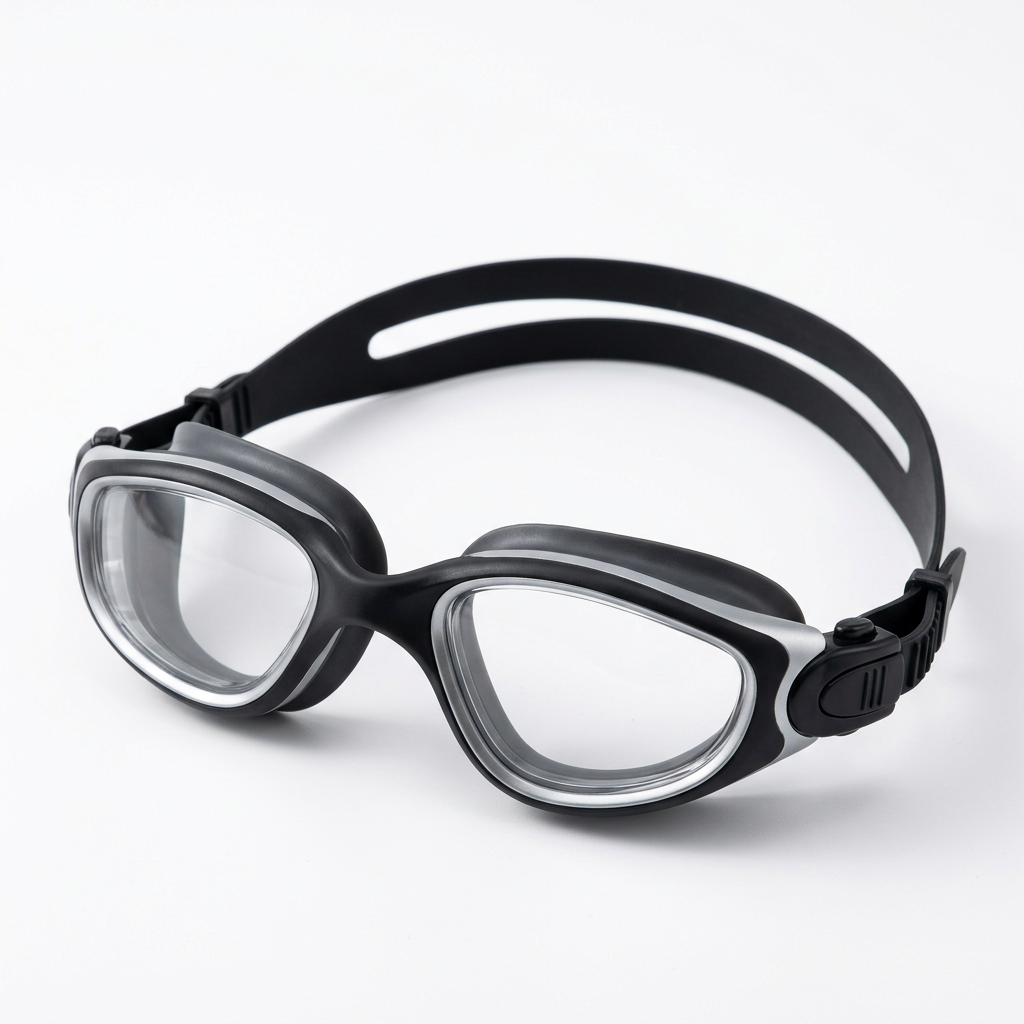 Swimming goggles with adjustable straps displayed for pool swimming and training.