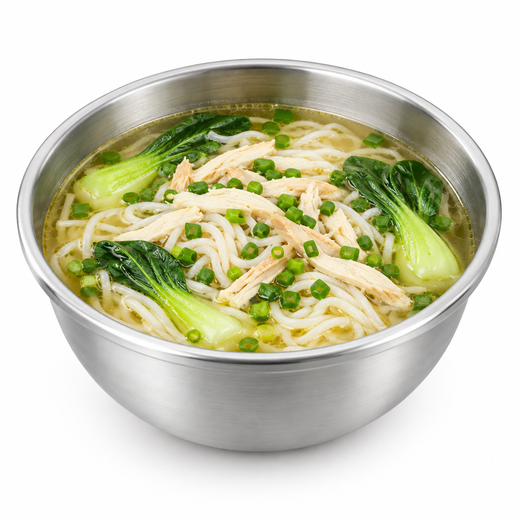 Round stainless steel soup bowl filled with chicken noodle soup, baby bok choy, and scallions on pure white background