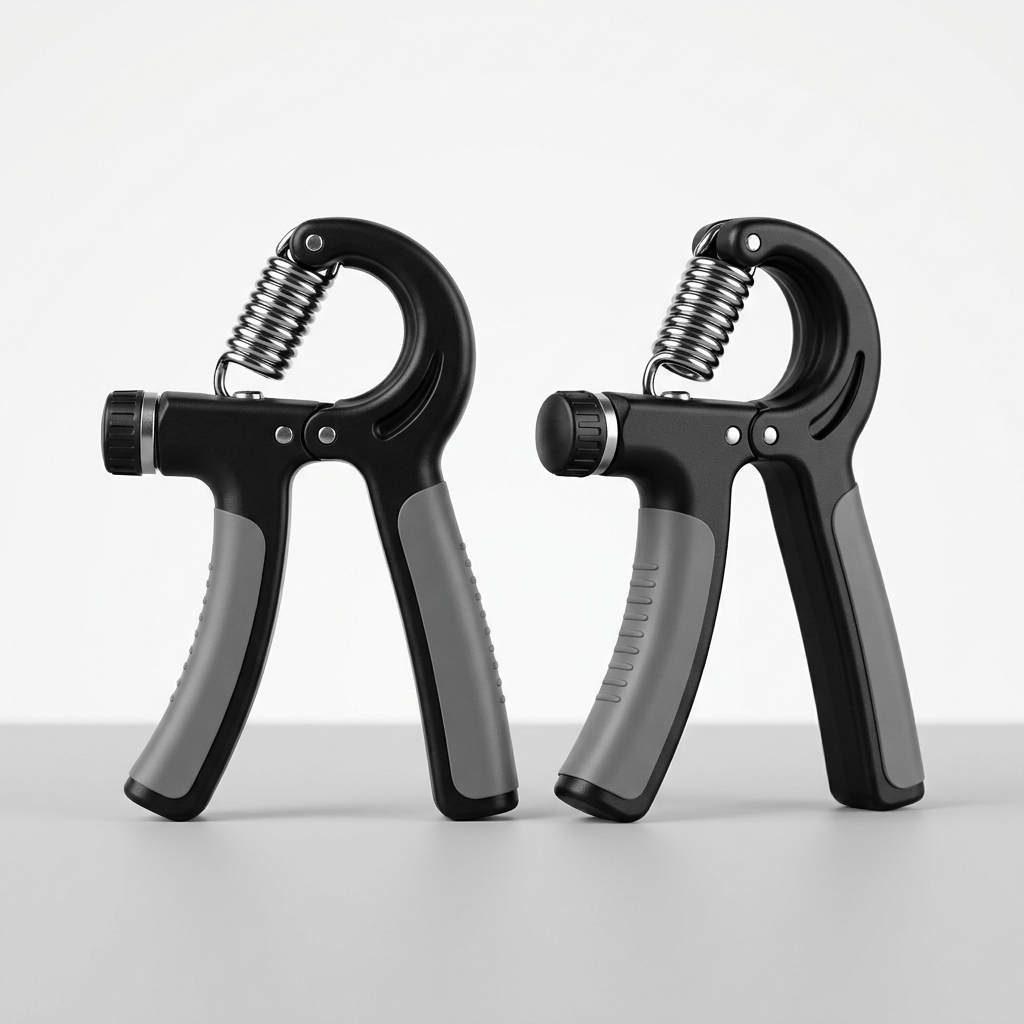 Hand grip strengthener with handles and resistance mechanism for grip training.