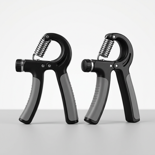 Hand grip strengthener with handles and resistance mechanism for grip training.