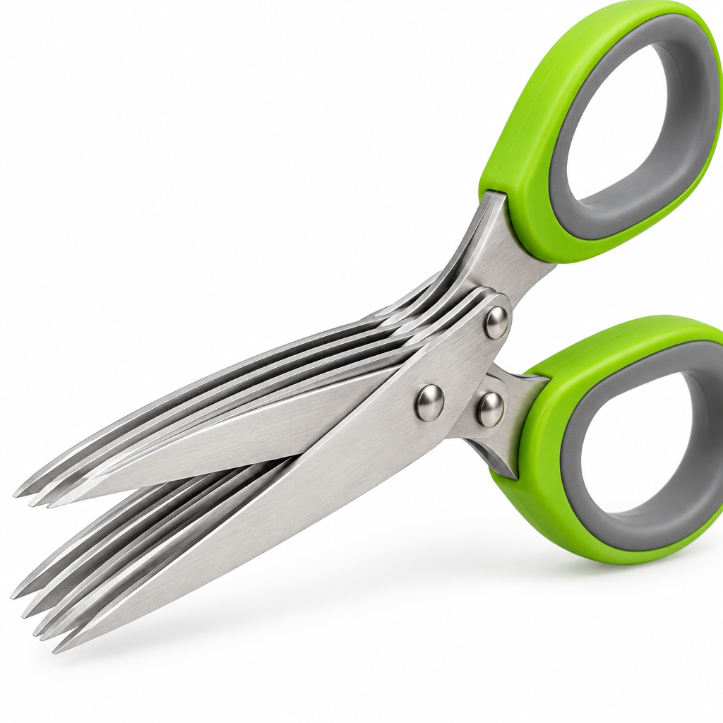 Macro close-up detail of the 5-blade herb scissors showing parallel cutting blades, central pivot rivet, and ergonomic two-tone handle on white background