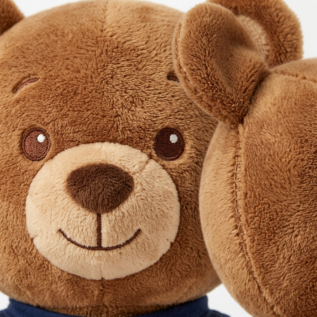 Detail close-up of plush mascot showing embroidered facial expression and short plush fabric on white background