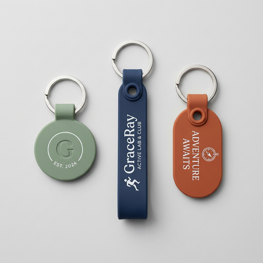 Custom silicone keychains with flexible molded designs and metal key ring attachments.