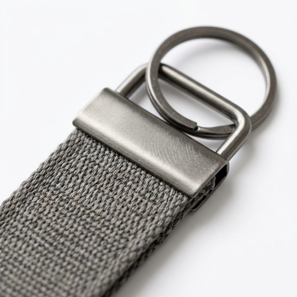 Detail close-up of woven wristlet keychain showing jacquard fabric weave and metal clamp hardware on white background