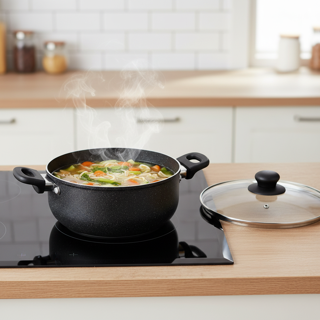 Non-stick cooking pot simmering vegetable noodle soup on induction cooktop in home kitchen