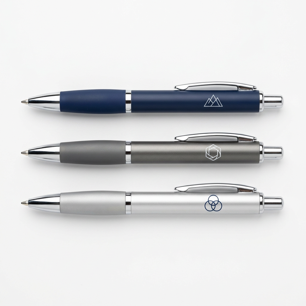 Custom logo promotional ballpoint pens with branded barrels for business giveaways.