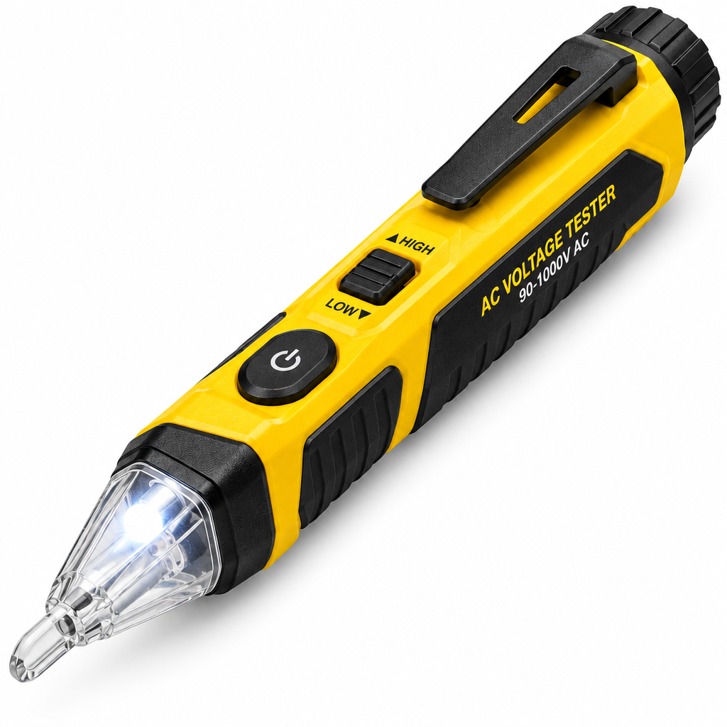Macro close-up of pen-style voltage tester showing transparent probe tip, sensitivity button, pocket clip, and high-visibility casing