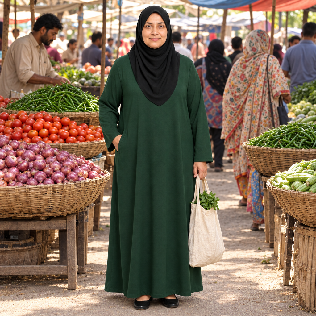 Model at an open-air vegetable market wearing a dark green abaya with a hand in the side pocket and holding a cloth bag