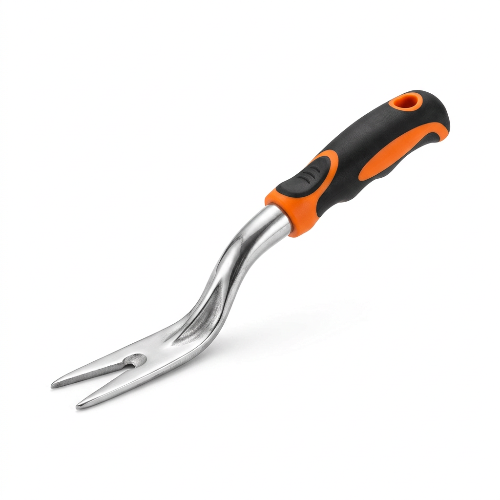 Single compact manual hand weeder tool with curved leverage neck, V-notch tip, and ergonomic black and orange handle on pure white background