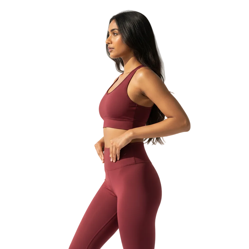 Indian model wearing burgundy buttery soft yoga leggings side view