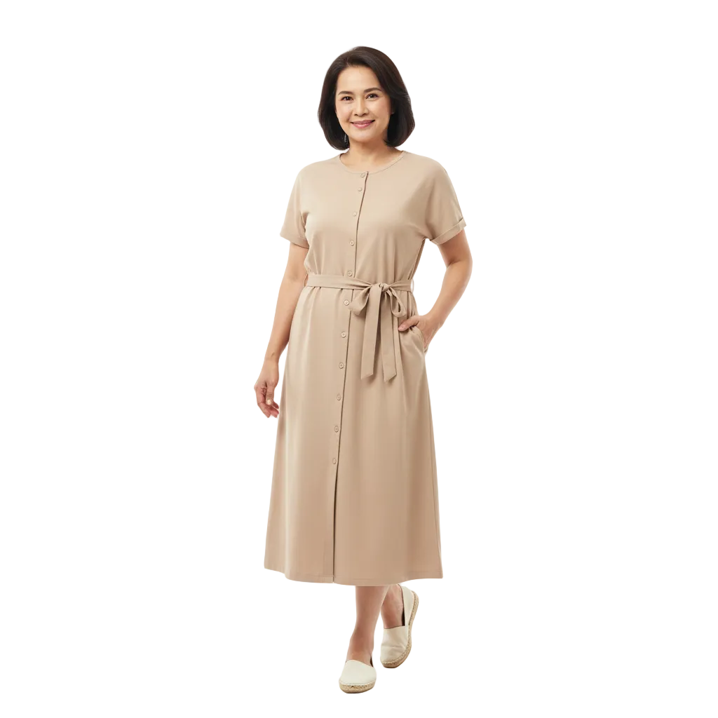 Front view of cotton blend round neck shirt dress on white background