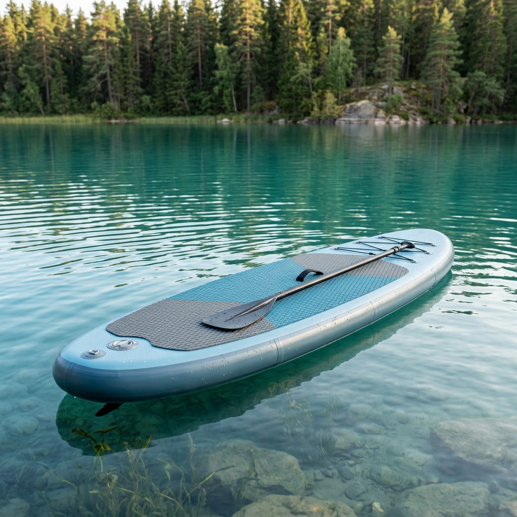 Inflatable stand-up paddle board floating on calm lake water near a pine shoreline