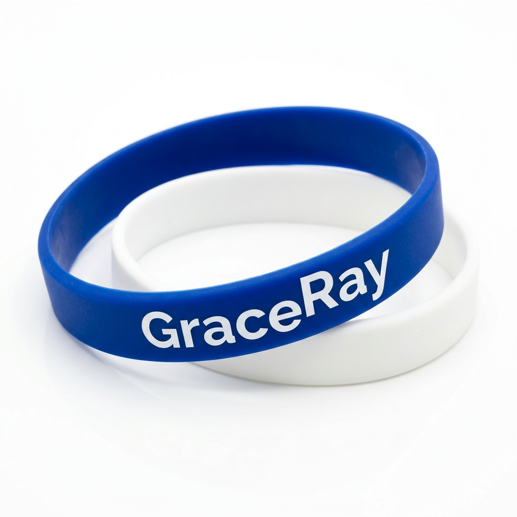 Custom printed silicone promotional wristband displaying a simple logo and message.