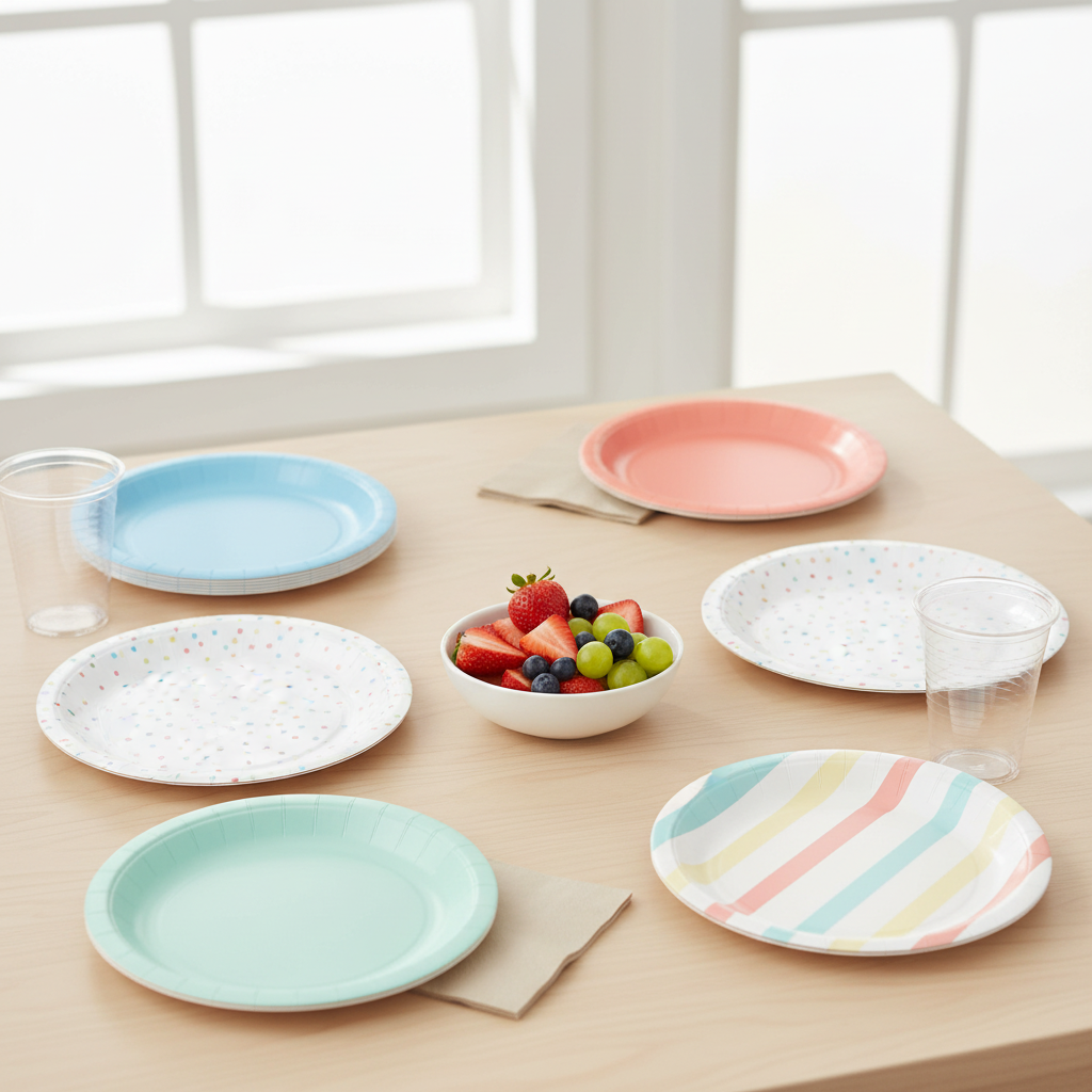 Plain and patterned disposable paper plates arranged on a bright party table with simple cups and a bowl of fruit.