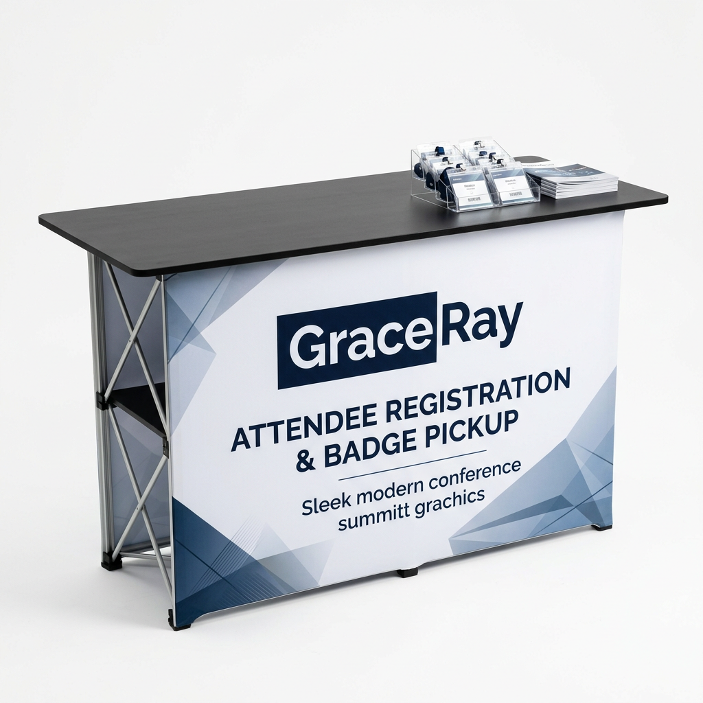 Custom branded event registration counter positioned at the entrance of a conference venue.