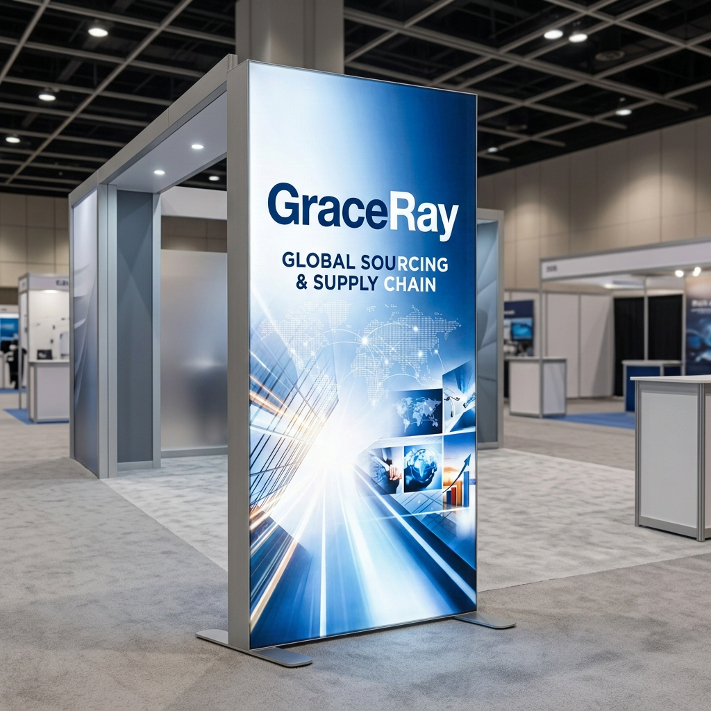 Custom illuminated LED lightbox display standing in a trade show exhibition booth
