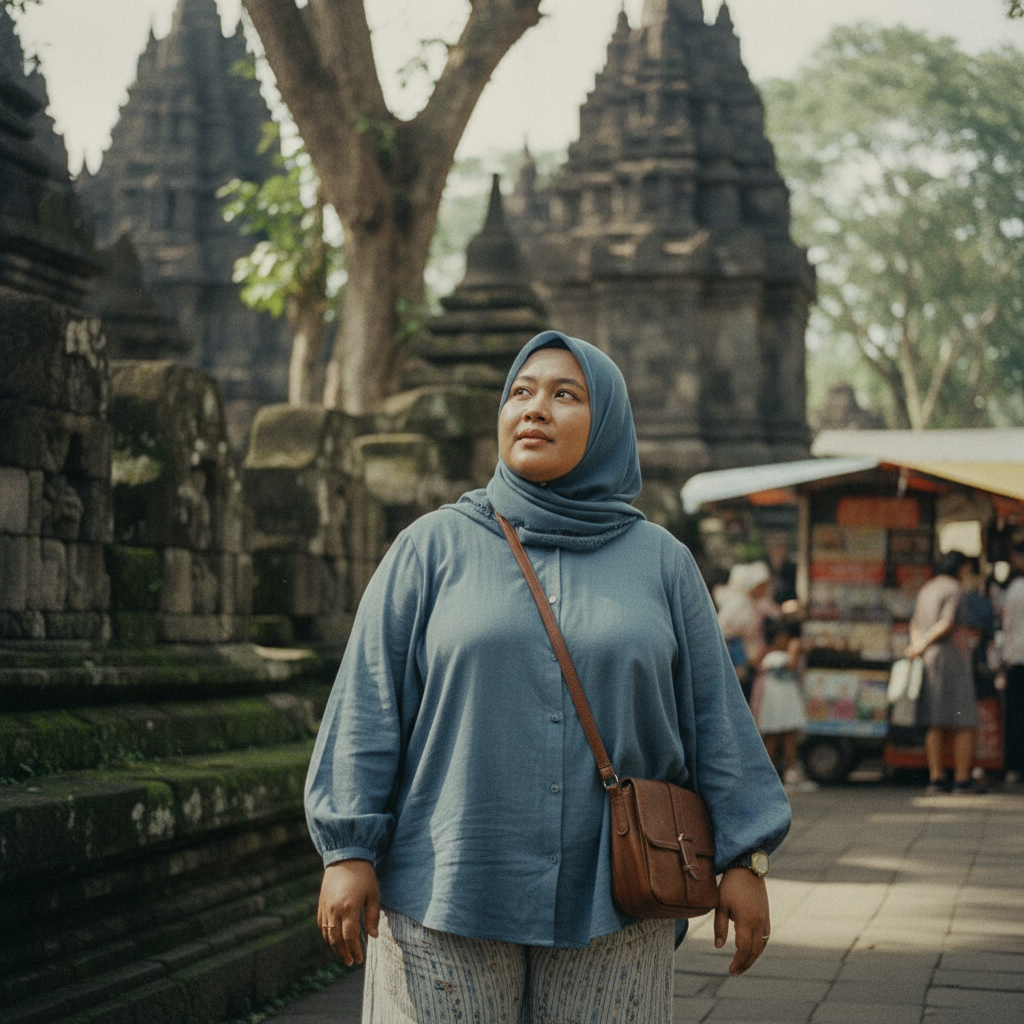 Indonesian Muslim woman blue loose blouse at tourist spot