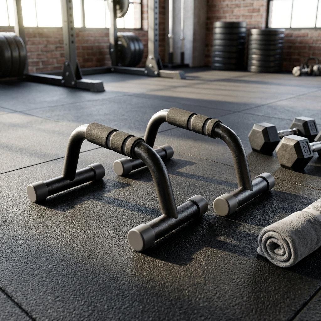 Pair of push-up bars placed on gym floor ready for workout